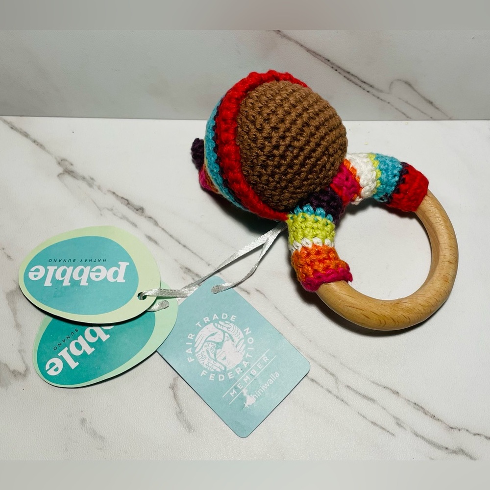 NEW ~PEBBLE~ PIXIE Organic Wooden Teething Ring ~ Crocheted Multi Colored.